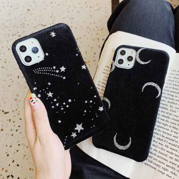 Simple Warm Furry Moon Star Black Soft Phone Case Back Cover - iPhone 11/11 Pro/11 Pro Max/XS Max/XR/XS/X/8 Plus/8/7 Plus/7 - halloladies